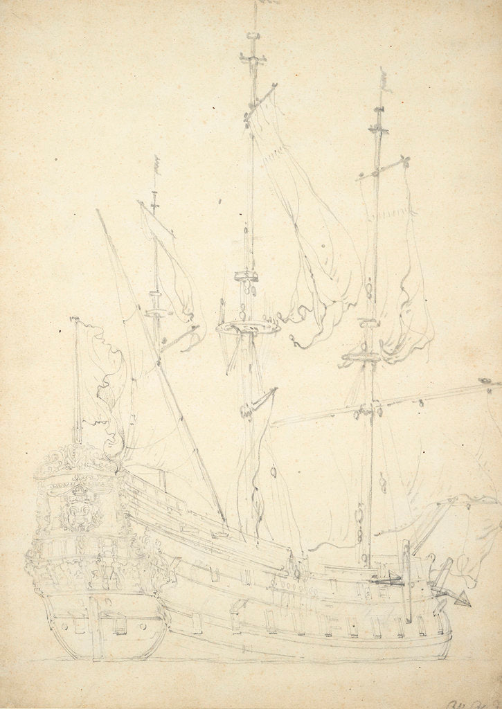 Detail of Portrait of the 'Groeningen'. Built 1641. 48-guns. Chartered by Denmark 1666-1667 and not thereafter mentioned. Also called 'Stad Groeningen', 'Wapen van Groeningen' and 'Zwarte Arend' by Willem Van de Velde the Younger