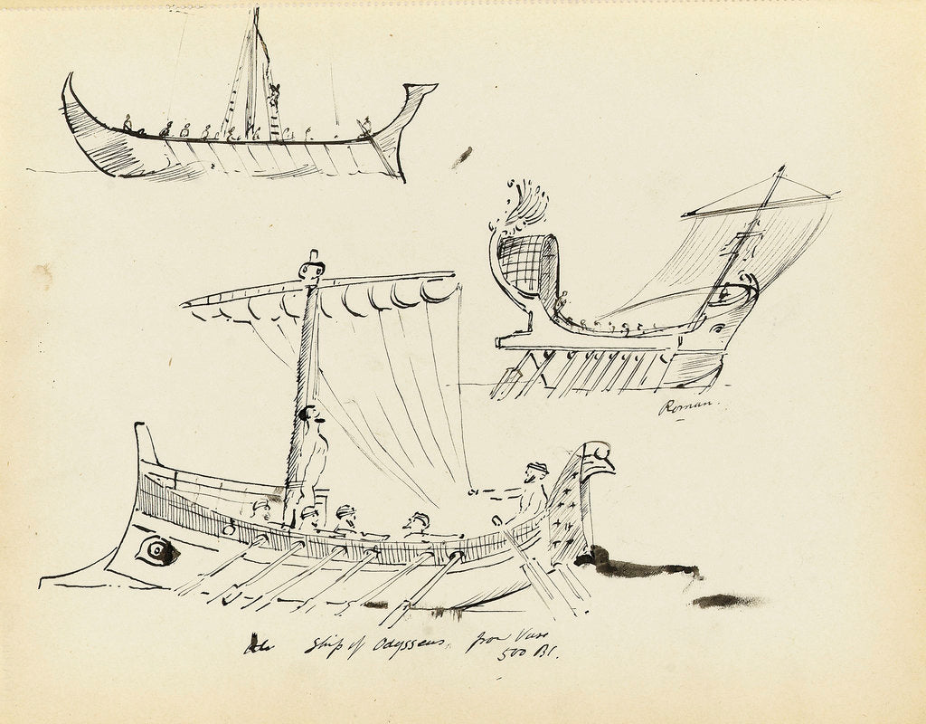 Detail of Sketches of early vessels including a Roman sail and oar vessel and ship of Odysseus, 500 BC (from a vase) by John Everett