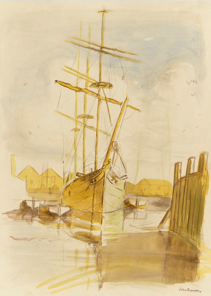 Detail of The barque 'Castle Holme' in Surrey Commercial Dock bow view, with Limehouse Church in the background by John Everett
