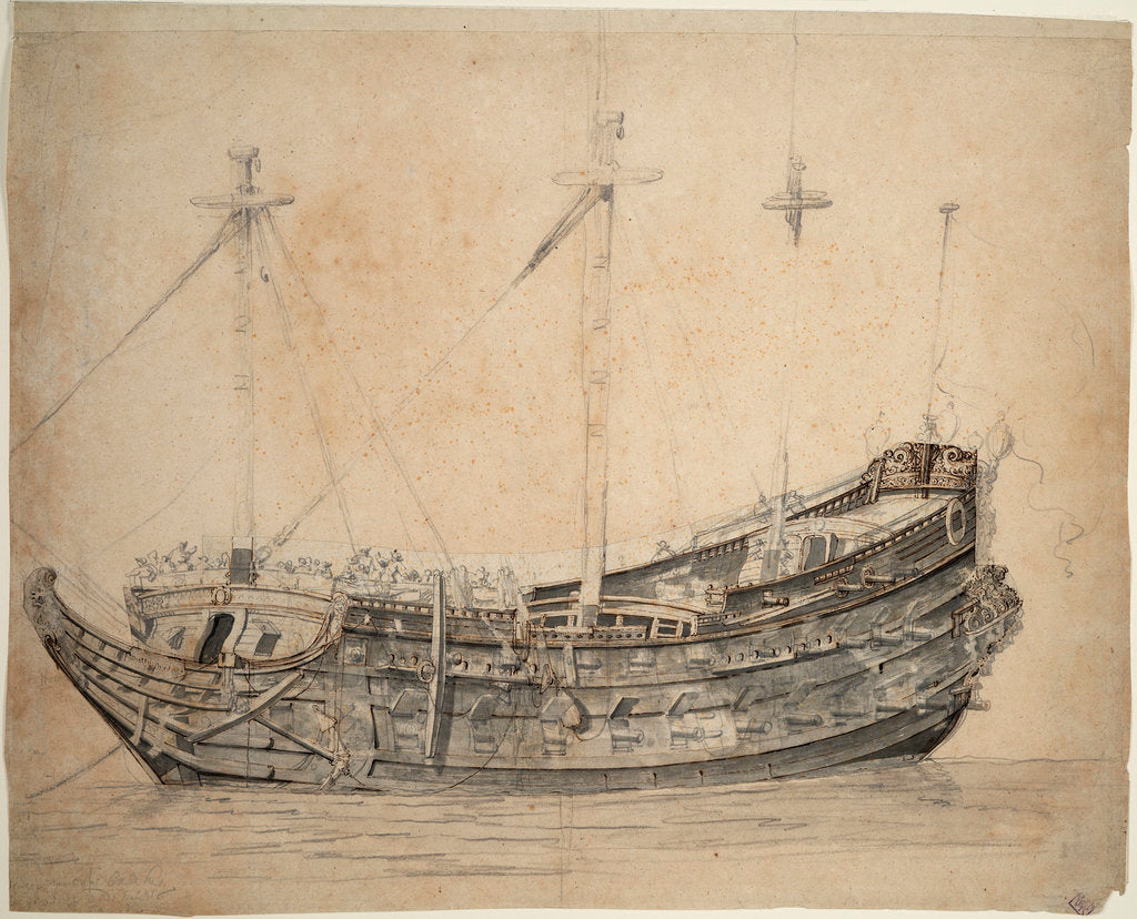 Detail of Portrait of the 'Vrijheid', 50-gun ship of the Amsterdam Admiralty, built in 1651 and blown up in action in 1676 by Willem van de Velde the Elder