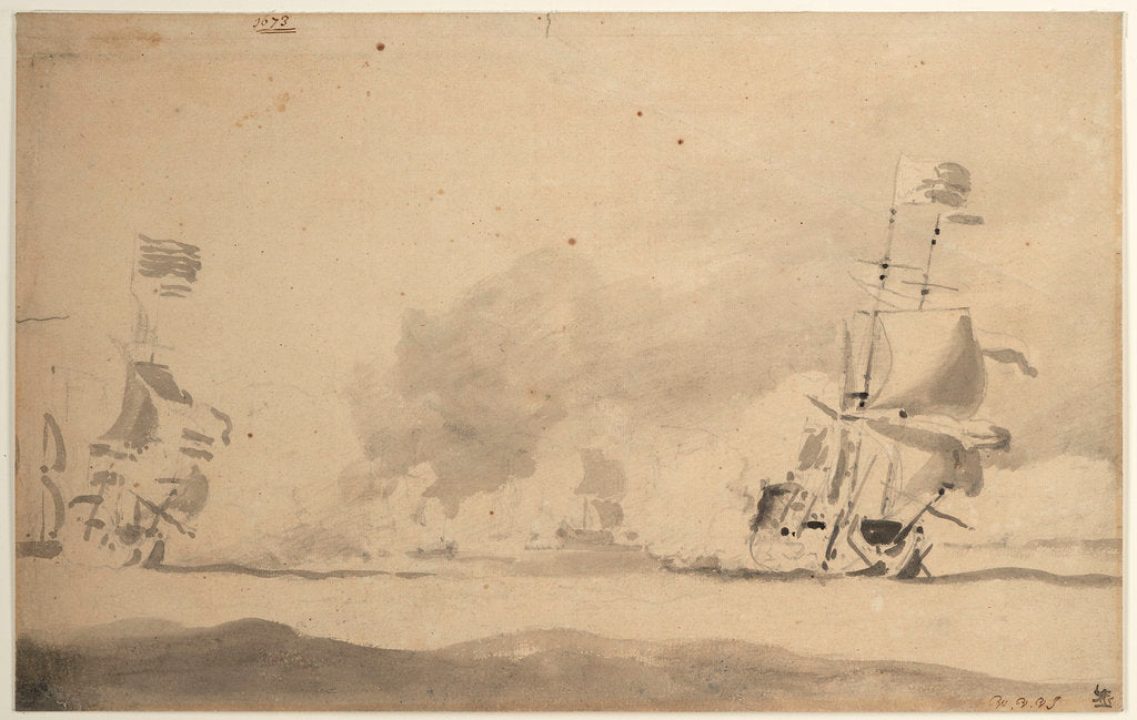 Detail of A Dutch ship in chase of an English ship, 1673 by Willem Van de Velde the Younger