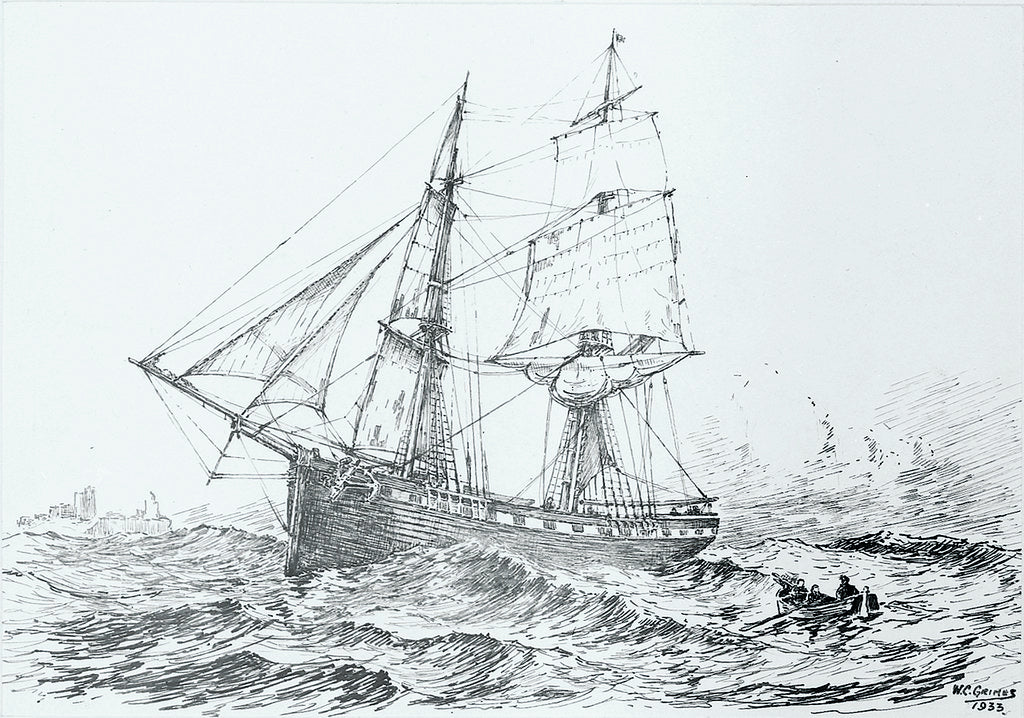 Detail of An old Tyne (Geordie) Collier brig taking her pilot off the mouth of the Tyne, 1840-1860 by W.C. Grimes