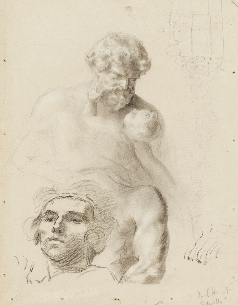 Detail of Sketch of a statue of a man and child (unfinished) and sketch of the head of a girl by unknown