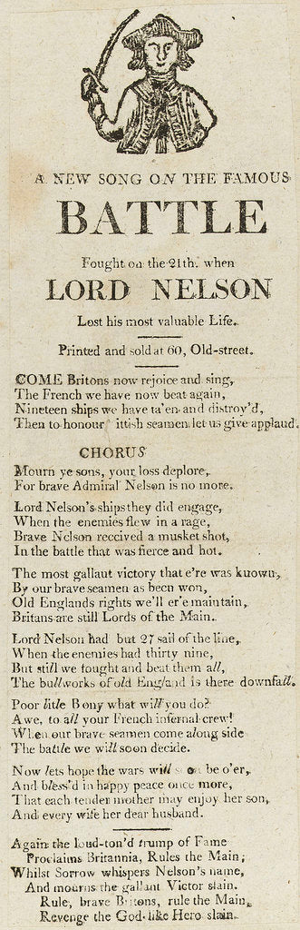 Detail of A New Song on the Famous Battle Fought on the 21st, when Lord Nelson Lost his most valuable life', illustrated with a Naval figure by unknown