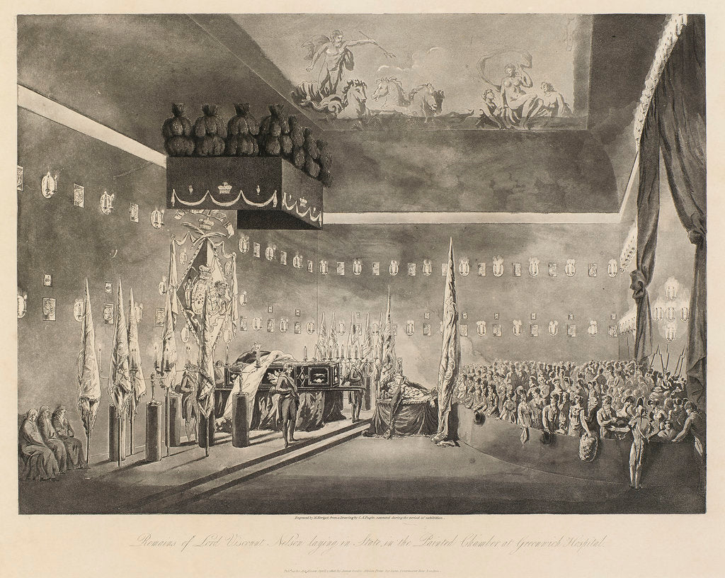 Detail of Remains of Lord Viscount Nelson laying in state in the Painted Chamber at Greenwich Hospital by Augustus Charles Pugin