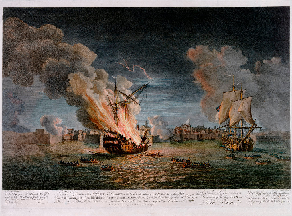 Detail of To the Captains other officers & seamen who with a detachment of Boats from the Fleet... Burnt the Prudent and took the Bienfaisant in Louisburgh Harbour... 26th July, 1758 by Richard Paton