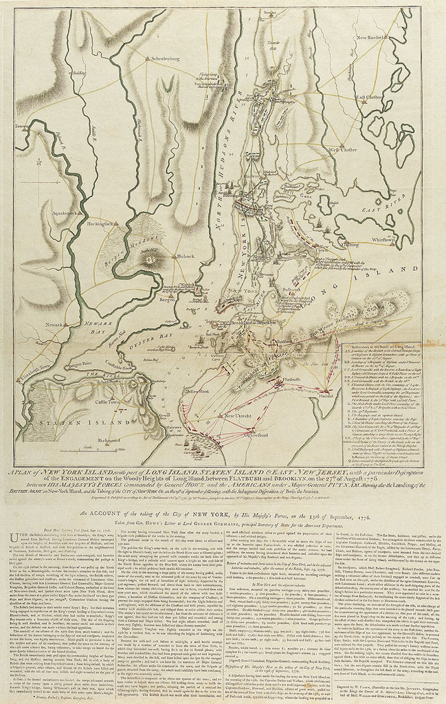 Detail of A Plan of New York Island, with part of Long Island, Staten Island & East New Jersey... Engagement on the Woody Heights of Long Island, between Flatbush and Brooklyn, on the 27th of August, 1776. by William Faden