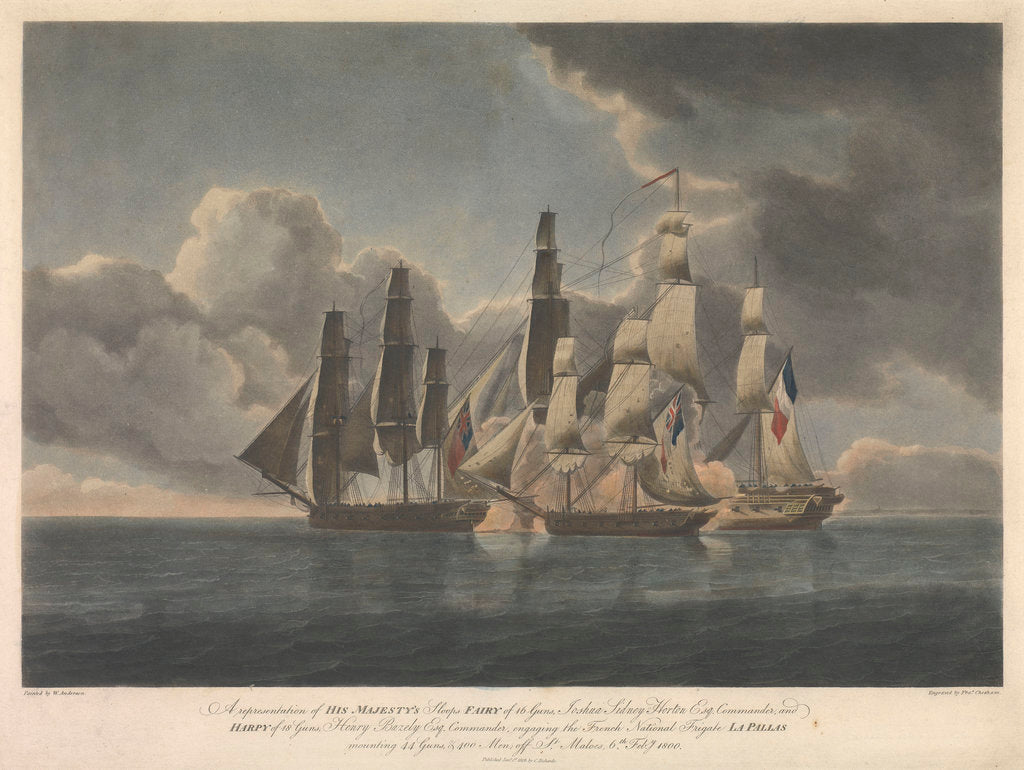 Detail of HMS 'Fairy' and 'Harpy' engaging the French frigate 'La Pallas' off St Malo, 6 February 1800 by Francis Chesham