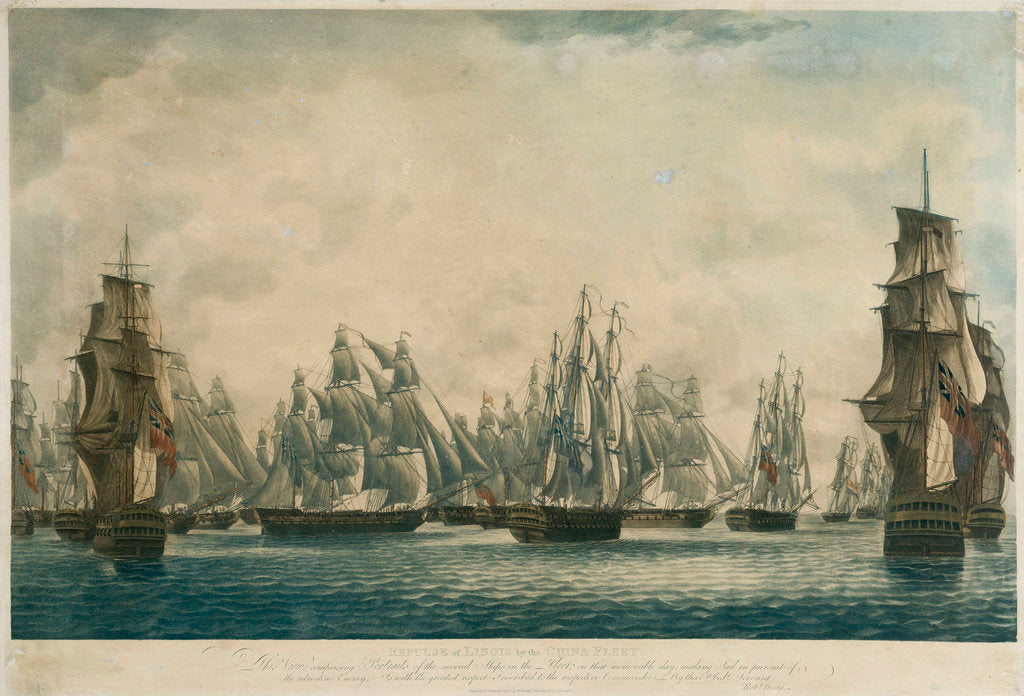 Detail of Repulse of Linois by the China Fleet... Ships in the Fleet making Sail in pursuit if the retreating Enemy, 15 Feb 1804 by Robert Dodd