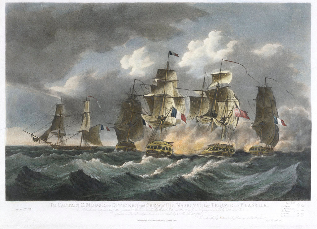 Detail of To Captain Z Mudge... of the... Blanche.. the gallant defence made by that Ship in the Sombero Passage on July 19th 1805 against a French Squadron... by F Sartorius (artist)
