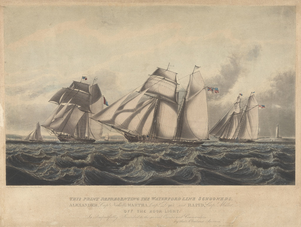 Detail of This Print representing the Waterford Line Schooners, Alexander..., Martha... and Rapid... off the Hook Light by John Lynn