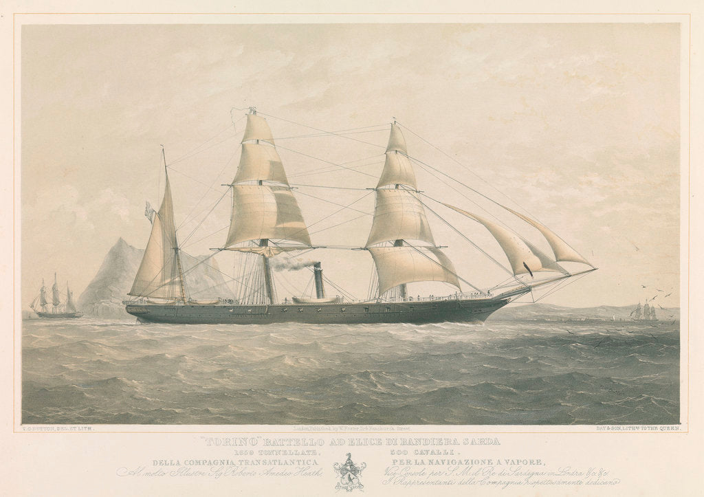 Detail of Steamship 'Torino' ad Elice di Bandiera Sarda 1859 Tonnellate 300 Cavalli Della Compagnia Transatlantica per la Navigazione a vapore by Thomas Goldsworth Dutton