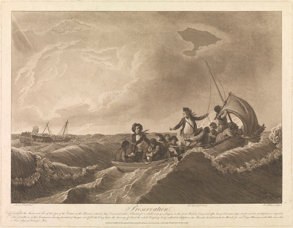 Detail of Preservation of Captain Inglefield, the Master, and ten of the crew of the 'Centaur' in the 'Pinnace' on the great Western Ocean, and after seventeen days at sea, arrived at Fayal by Robert Dodd