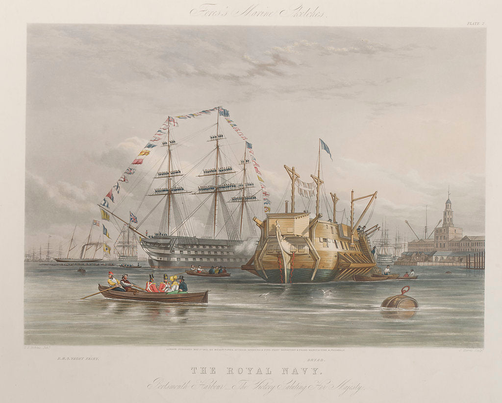 Detail of The Royal Navy. Portsmouth Harbour - the 'Victory' saluting Her Majesty (with) HMY 'Fairy' and 'Dryad' by Thomas Sewell Robins
