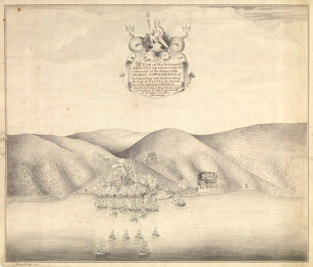Detail of A view of His Majesty's squadron under George Townsend bombarding and cannonading the city of Bastia, Corsica, 1765 by Henry Doidge