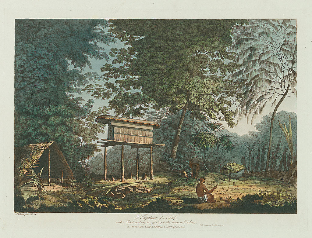 Detail of A Toopapaoo of a Chief, with a Priest making his offering to the Morai, in Huoheine by John Webber