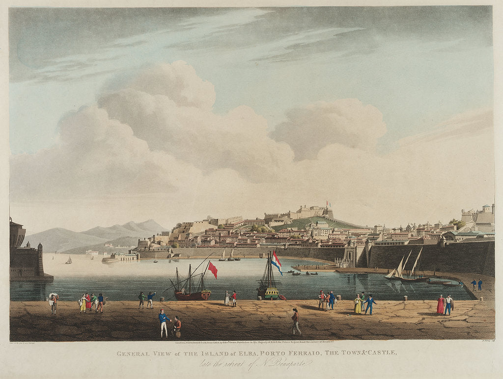 Detail of General view of the island of Elba, Porto Ferraio, the town & castle, late the retreat of N. Bonaparte by A.S. Terreni