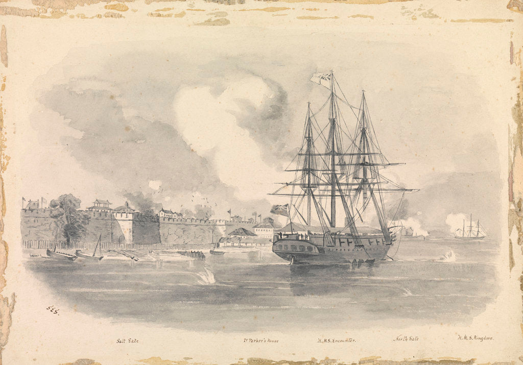 Detail of 5. Capture of Ningpo, showing salt Gate, Dr Palmer's House HMS Encounter, North Gate, HMS 'Ringdove' by SES