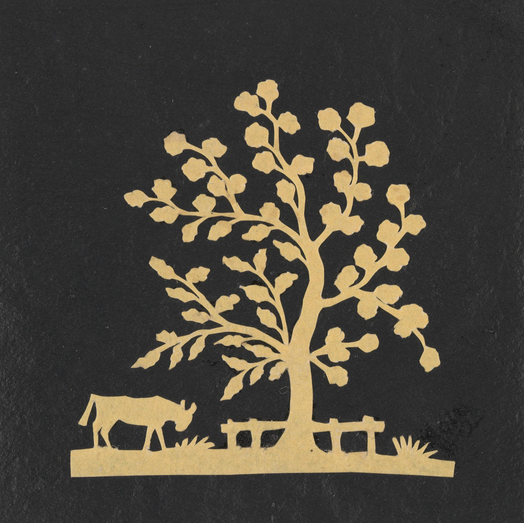 Detail of Silhouette of a tree and cow, cut out and stuck on a black background by unknown