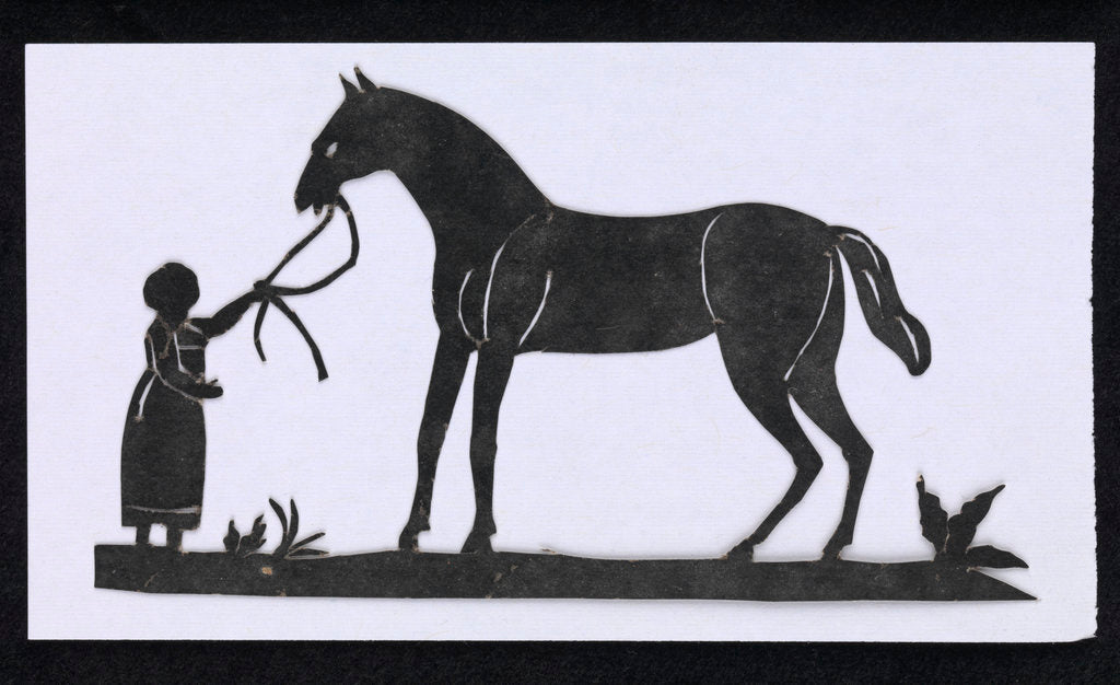 Detail of Silhouette of a woman leading a big horse, cut out and placed on white backround by unknown