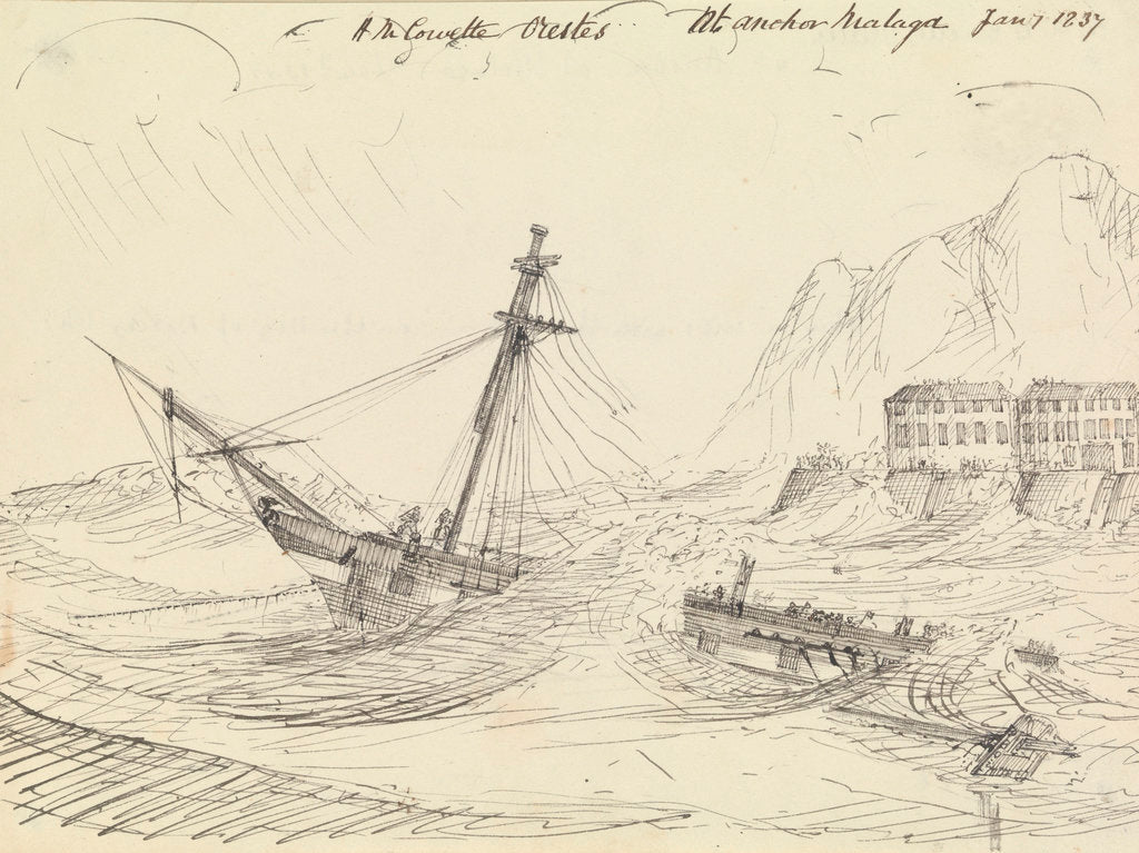Detail of Corvette HMS 'Orestes' at anchor in a storm at Malaga by William Hay Wardrop