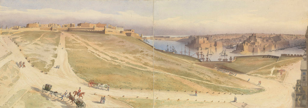 Detail of Piazza Maggiore, Florian, and Grand Harbour, from our house, Malta, Jany 1858 by Edward Gennys Fanshawe