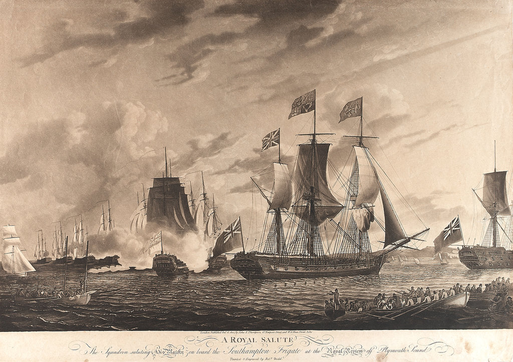 Detail of A Royal Salute; The squadron saluting his Majesty on board the 'Southampton' Frigate at the Royal review off Plymouth Sound (1789) by Robert Dodd