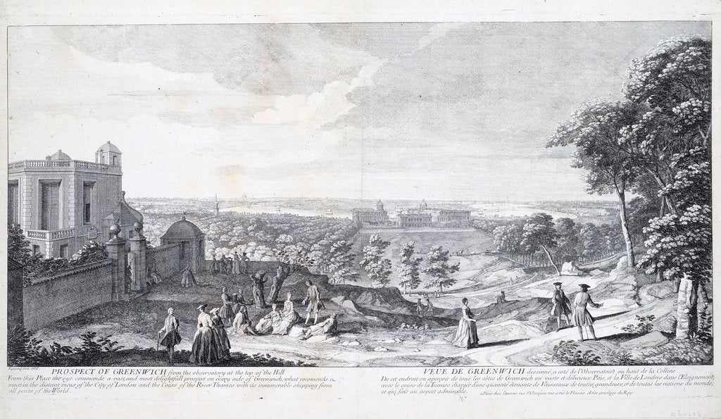 Detail of Prospect of Greenwich from the observatory at the top of the Hill ... distant views of London and the cours of the River Thames... by Jacques Rigaud