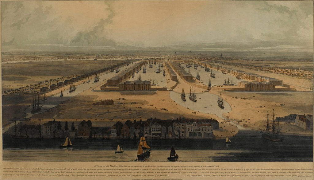 Detail of An elevated view of the West India Docks by William Daniell