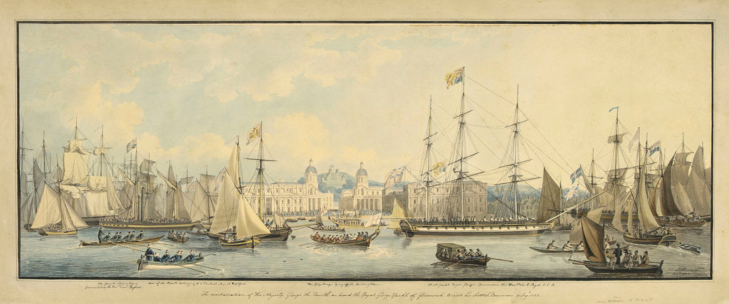 Detail of The embarkation of His Majesty George the Fourth, on board the Royal George Yacht. Off Greenwich to visit his Scottish Dominions 10 Augt. 1822 by John Thomas Serres