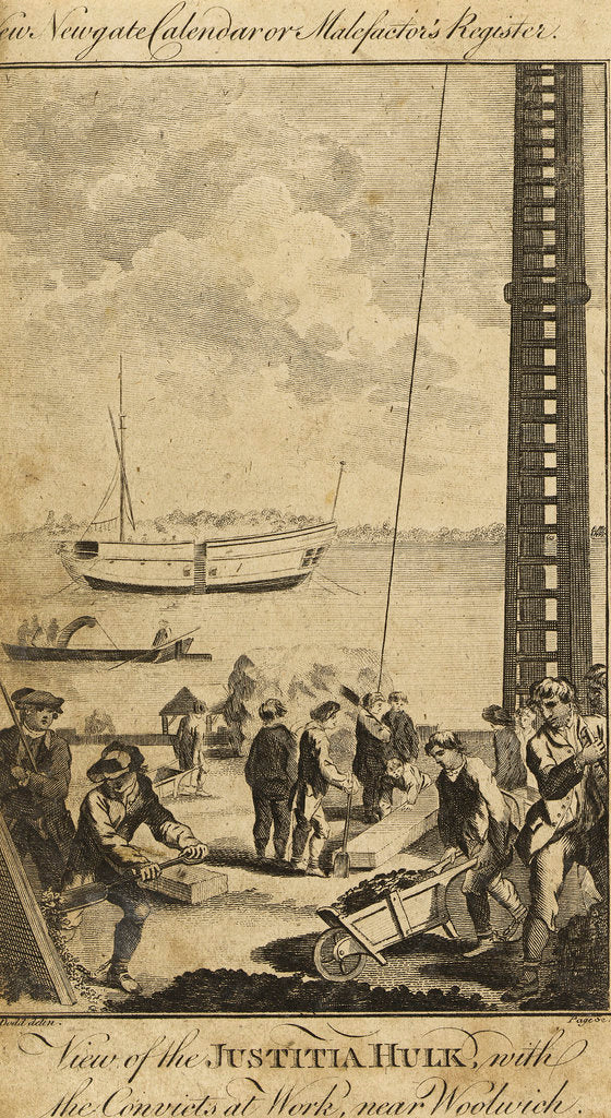 Detail of View of the 'Justitia' prison hulk with convicts at work near Woolwich, 1777 by unknown