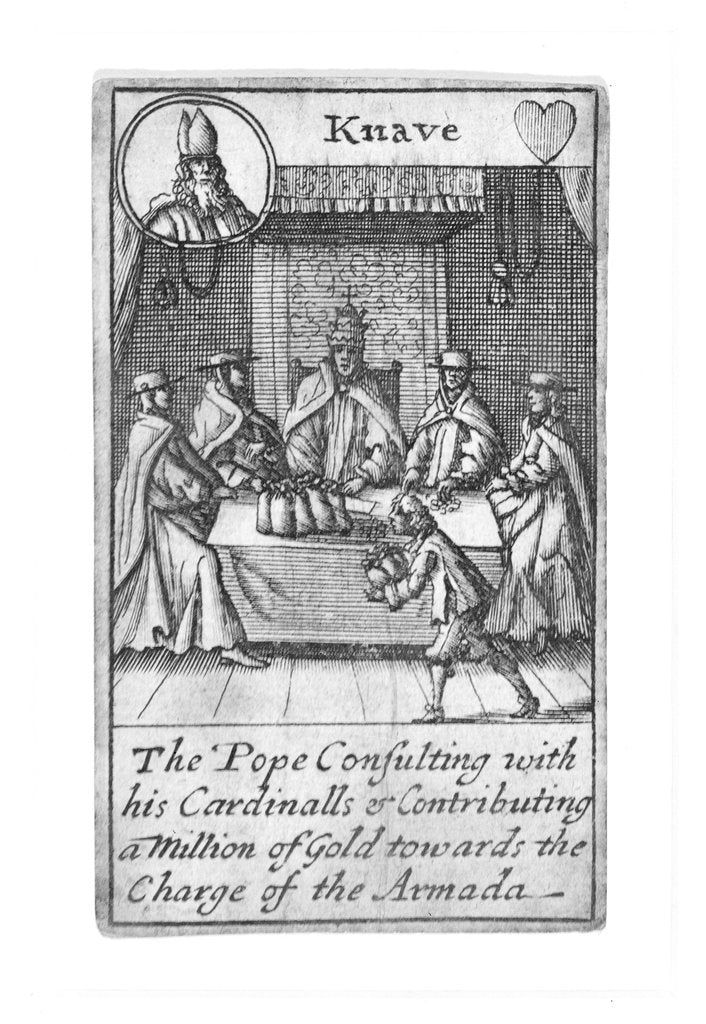 Detail of 1588 Armada Playing Cards, Knave of Hearts. 'The Pope consulting with his Cardinalls & Contributing a Million of Gold towards the Charge of the Armada' by unknown
