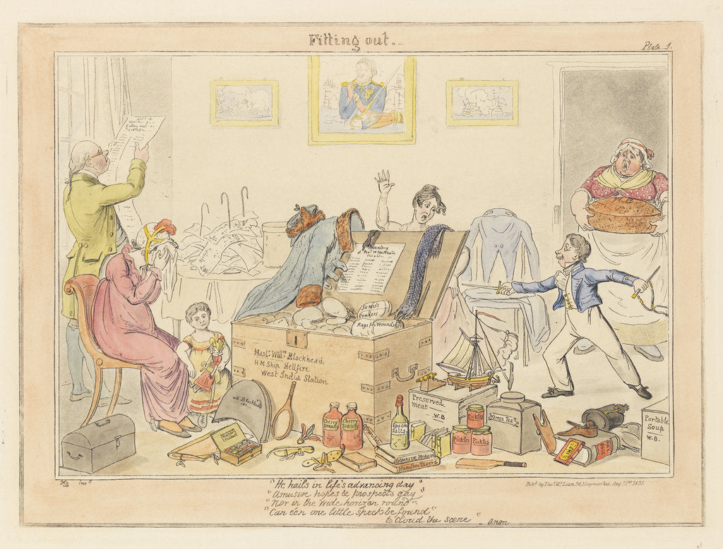 Detail of Midshipman Blockhead, Fitting out Mastr William Blockhead HM ship Hellfire West India Station (caricature). by George Cruikshank