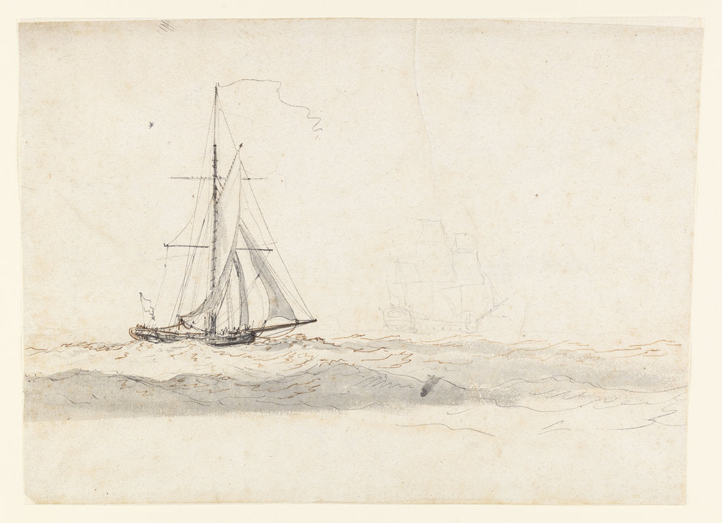 Detail of A cutter before the wind with a ship in the distance by Charles Gore