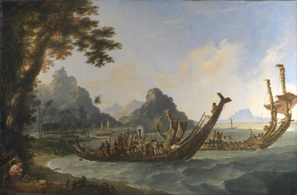 Detail of The war boats of the island of Otaheite (Tahiti) and the Society Isles, with a view of part of the harbour of Ohaneneno, in the island of Ulieta, one of the Society iIslands by William Hodges