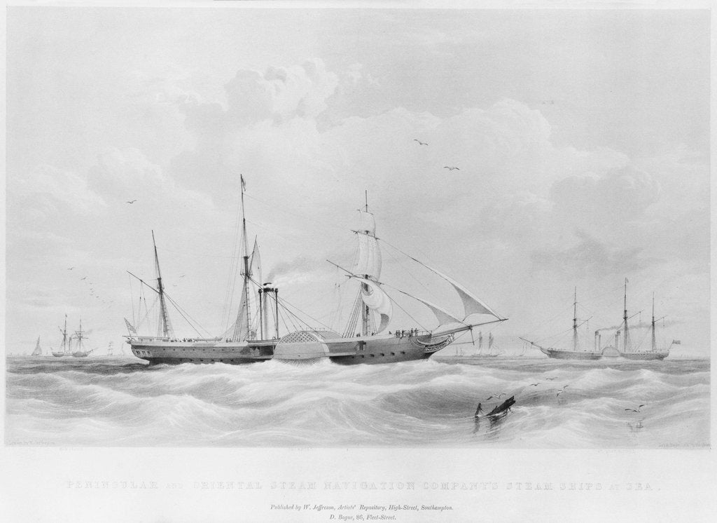 Detail of Penninsular and Oriental Steam Navigation Company's steam ships at sea. 'Oriental',  'Montrose' and 'Great Liverpool' by unknown