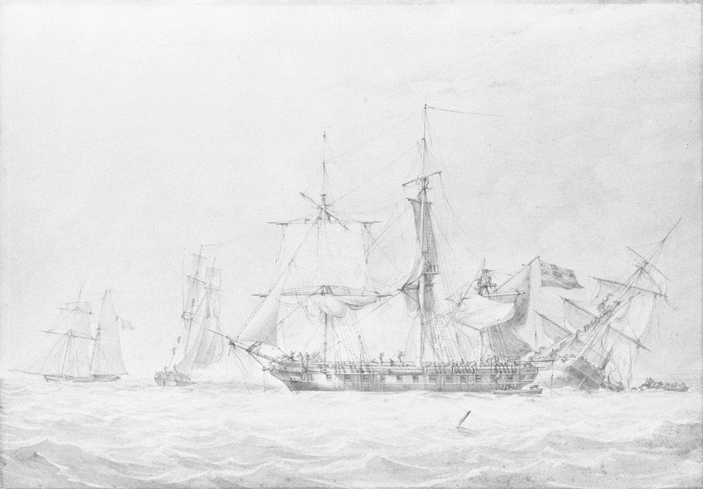 Detail of The corvette 'Bordelais' sinking a French man-of-war by John Cantiloe Joy