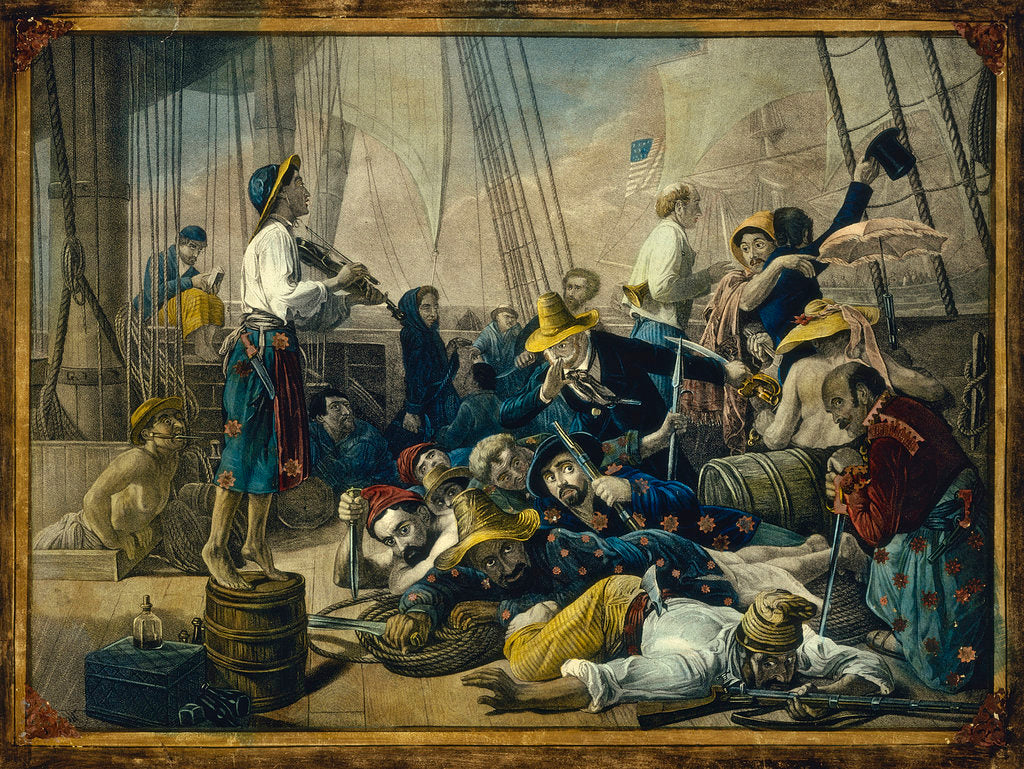 Detail of Pirates dressed in women's clothing attempt to decoy a merchant ship by Auguste-Francois Biard