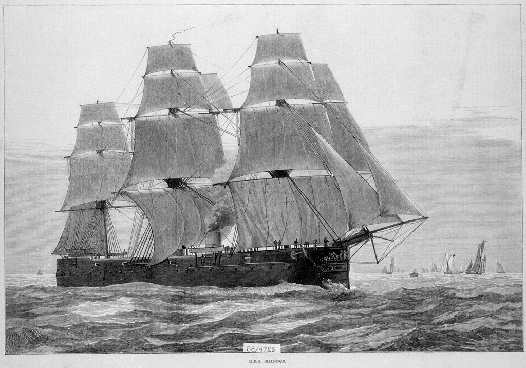 Detail of HMS 'Shannon' (1875) under way with full sail by unknown