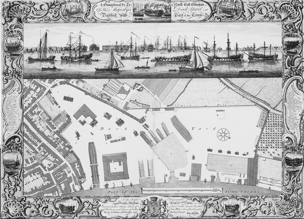 Detail of A Geometrical Plan, & North East Elevation Of His Majesty's Dock Yard, at Deptford, with Part of the Town &c by Thomas Milton; Pierre Charles Canot