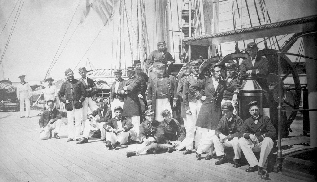 Detail of Crew assembled on the upper deck of iron-armoured ship HMS 'Warrior' (1860) by unknown