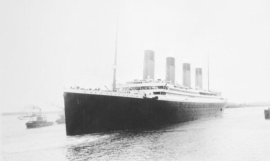 Detail of Passenger liner 'Titanic' (Br, 1912) Oceanic Steam Nav Co Ltd, (Ismay Imrie & Co Ltd, managers) (White Star Line): leaving Southampton by unknown