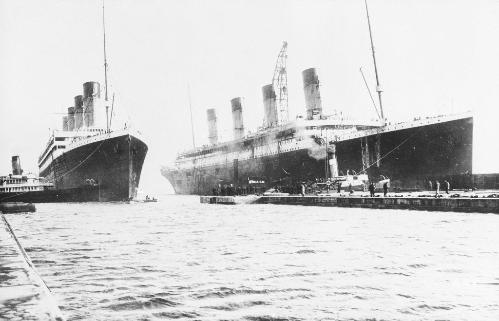 Detail of Passenger liner 'Titanic' (Br, 1912) Oceanic Steam Nav Co Ltd, (Ismay Imrie & Co Ltd, managers) (White Star Line): at Belfast with 'Olympic', tip of foremast out of picture by unknown