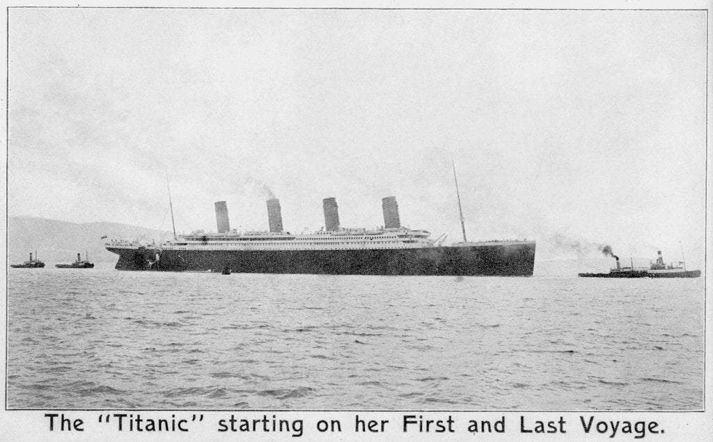 Detail of Passenger liner 'Titanic' (Br, 1912) Oceanic Steam Nav Co Ltd, (Ismay Imrie & Co Ltd, managers) (White Star Line): under tow leaving Belfast by unknown
