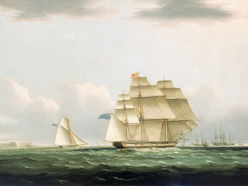 Detail of The yacht 'Royal Sovereign' with the Duchess of Clarence on board, leaving Portsmouth to view the visiting Russian squadron anchored in Spithead, 8 August 1827 by Henry Moses