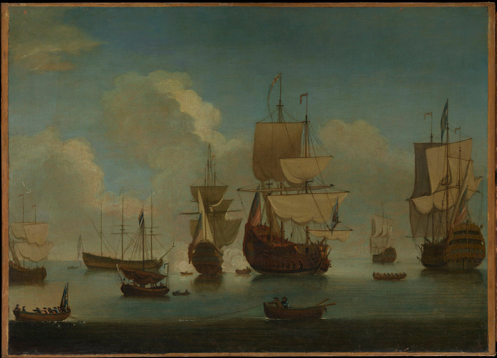 Detail of English warships at anchor in a calm, drying sails by 
