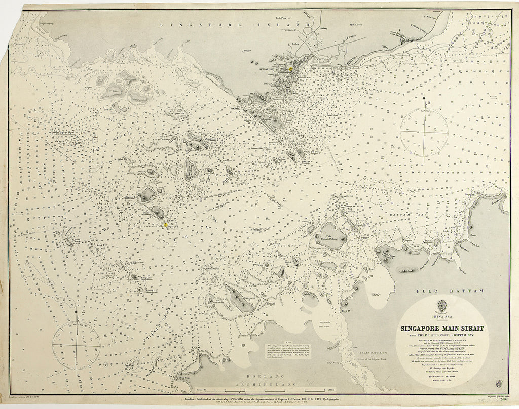 Detail of China Sea Singapore Main Strait From Tree I. (Pulo Angup) to Battam Bay Surveyed by Staff Commander J.W. Reed, R.N. and the offiecers of H.M.S. Rifleman, 1868-9 by HMAdmiralty; Edward Weller; Staff Commander John William Reed