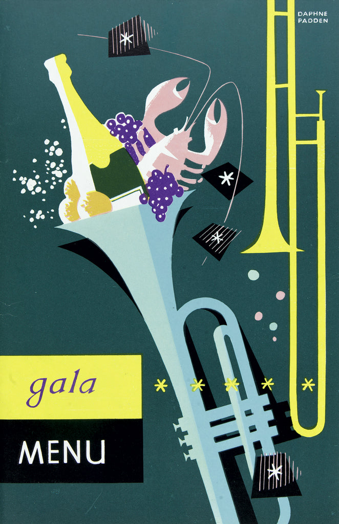 Detail of Front cover of gala menu from SS 'Strathmore', depicting trumpet and champagne by Daphne Padden