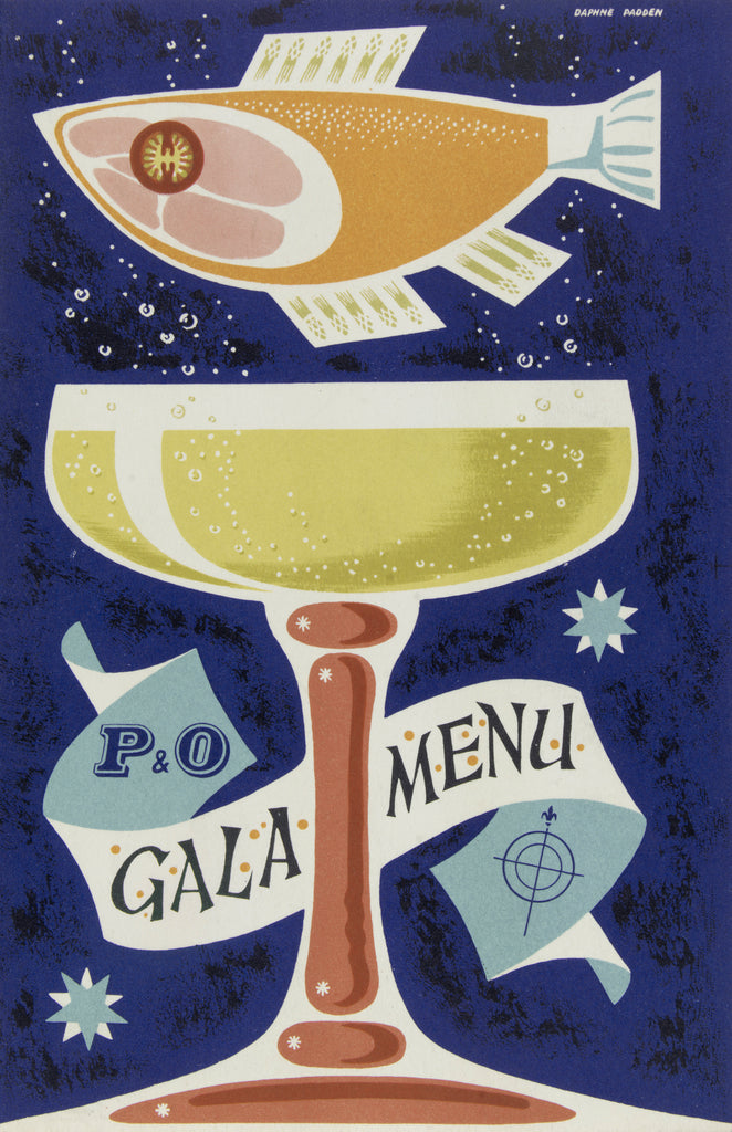 Detail of Front cover of P&O gala menu, depicting fish and glass by Daphne Padden