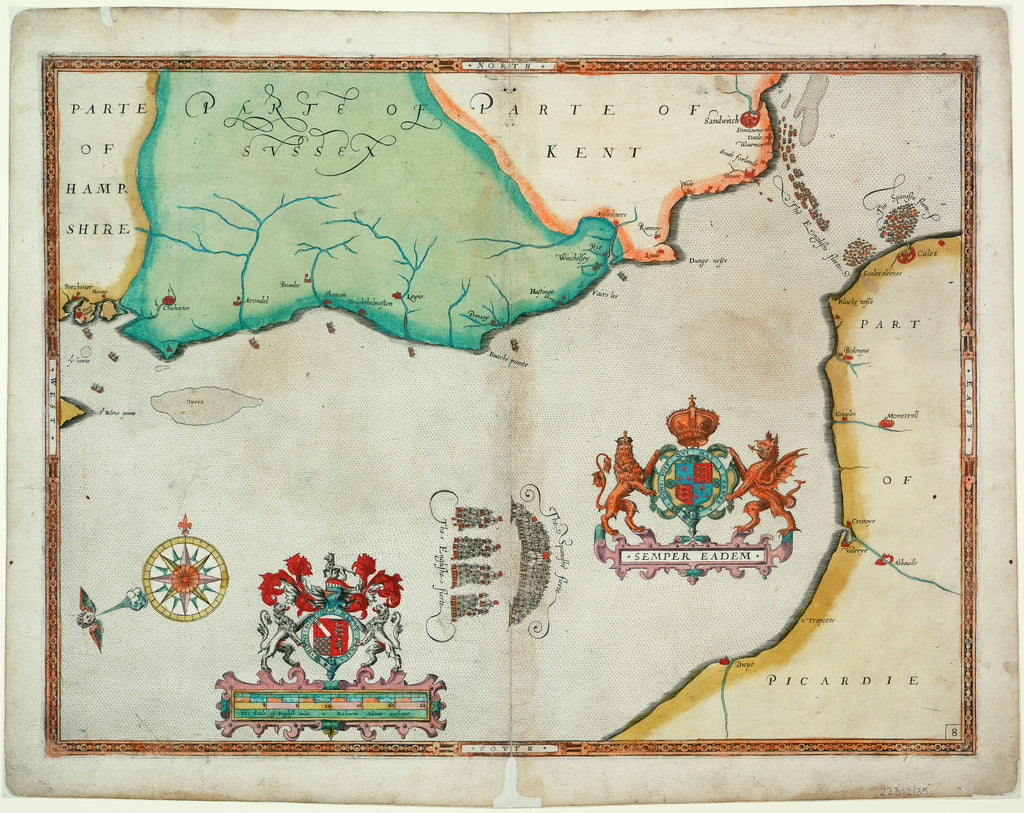 Detail of Map of 'The pursuit to Calais, 4 - 6 August 1588' by Robert Adams; Augustine Ryther